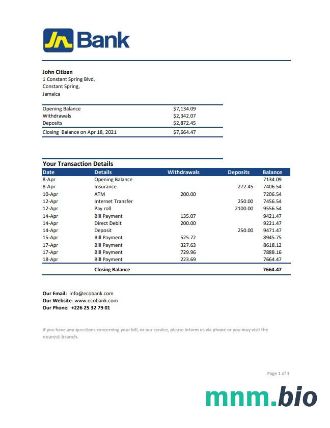 Szablon wyciągu z banku hipotecznego Jamajki w programie Word i PDF
